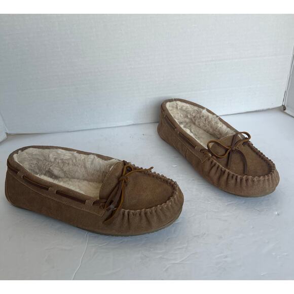 Minnetonka Cally Brown Suede Slip On Faux Fur Lined Bow Flat Slipper Shoes Sz 10 - Picture 2 of 11